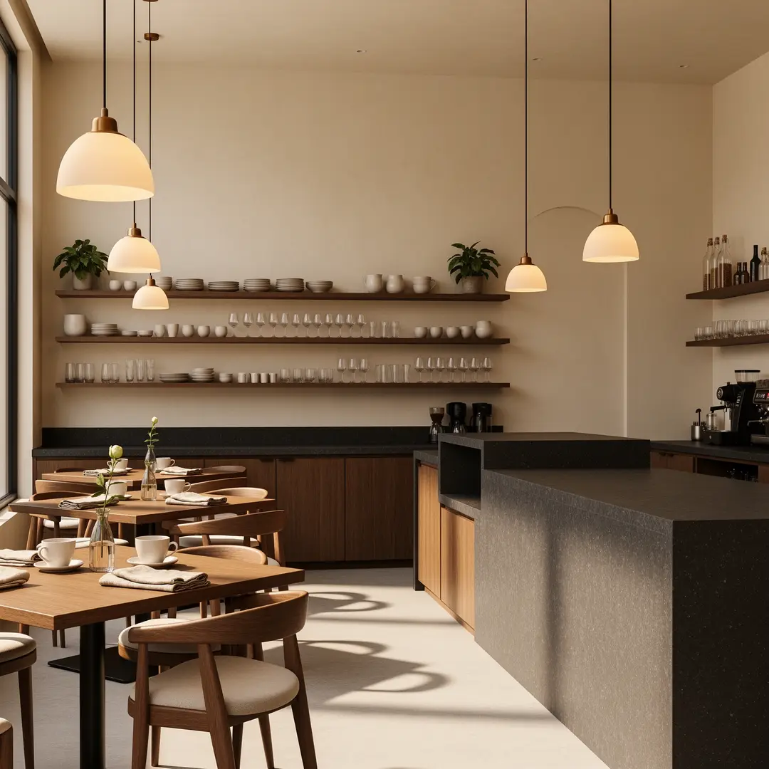Warm boutique cafe interior with wood tables and large windows