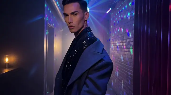 A man in a blue jacket under neon lights