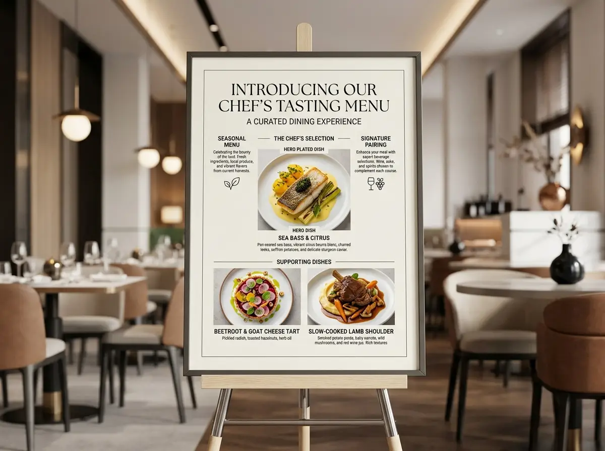 Restaurant explainer board with plated dishes arranged in a grid