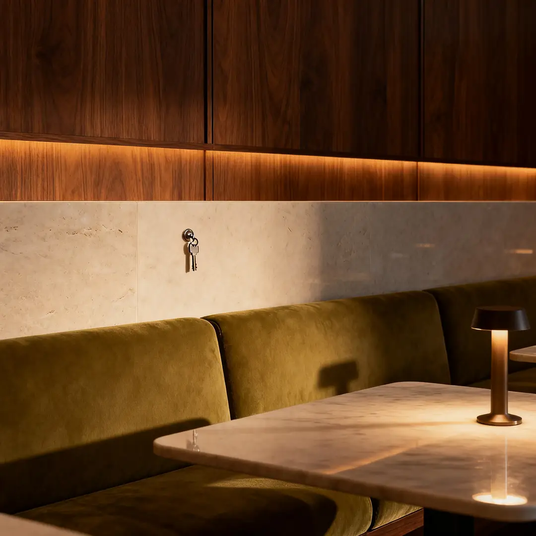 Boutique hotel lounge with warm lamps, sofas, and layered textures